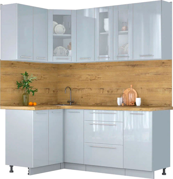 Изображение товара Кухонный гарнитур Интерлиния Мила Пластик 1.2x1.9 (туманный глянец/туманный глянец/дуб бунратти)