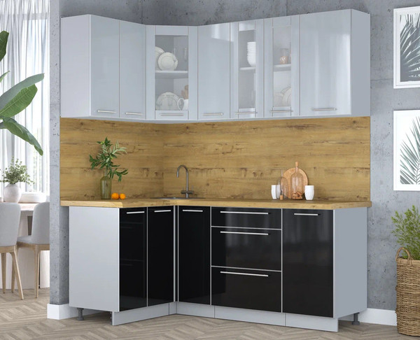 Изображение товара Кухонный гарнитур Интерлиния Мила Пластик 1.2x1.9 (туманный глянец/черный глянец/дуб бунратти)