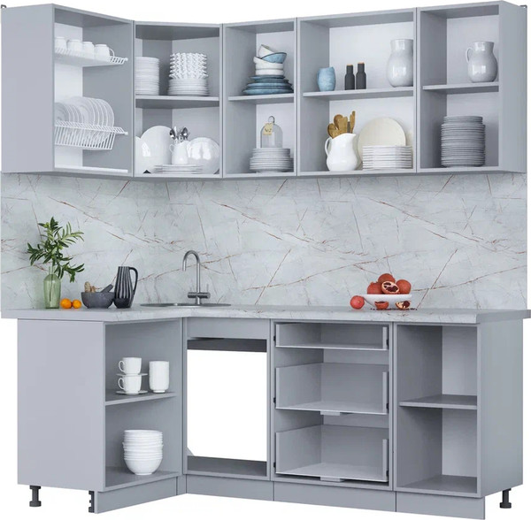 Изображение товара Кухонный гарнитур Интерлиния Мила Пластик 1.2x2.0 (туманный глянец/мрамор/дуб бунратти)