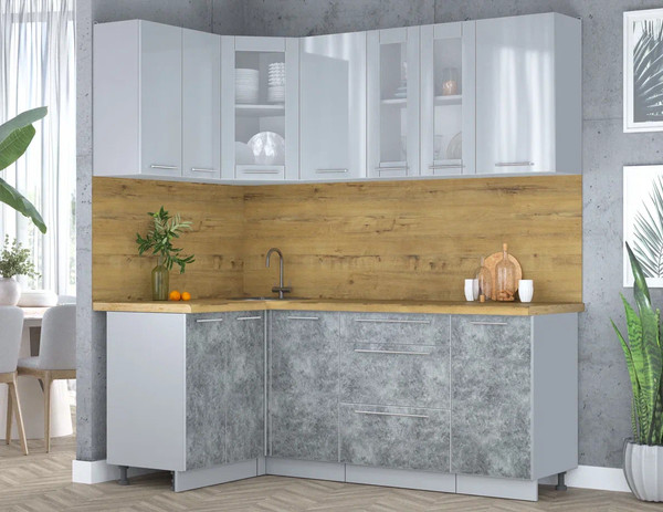 Изображение товара Кухонный гарнитур Интерлиния Мила Пластик 1.2x2.0 (туманный глянец/мрамор/дуб бунратти)