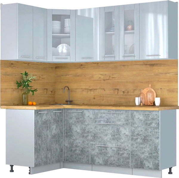 Изображение товара Кухонный гарнитур Интерлиния Мила Пластик 1.2x2.0 (туманный глянец/мрамор/дуб бунратти)