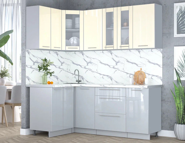 Изображение товара Кухонный гарнитур Интерлиния Мила Пластик 1.2x2.0 (ваниль/туманный глянец/белый гранит)