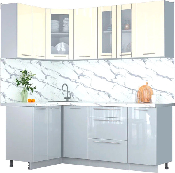 Изображение товара Кухонный гарнитур Интерлиния Мила Пластик 1.2x2.0 (ваниль/туманный глянец/белый гранит)