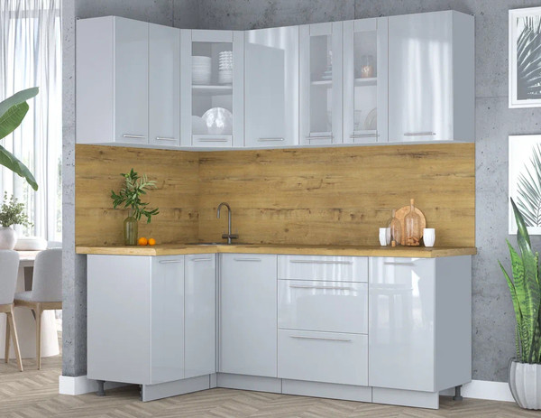 Изображение товара Кухонный гарнитур Интерлиния Мила Пластик 1.2x2.0 (туманный глянец/туманный глянец/дуб бунратти)