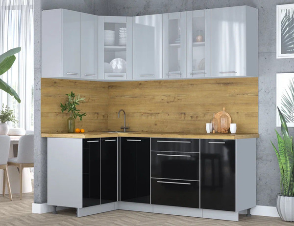 Изображение товара Кухонный гарнитур Интерлиния Мила Пластик 1.2x2.0 (туманный глянец/черный глянец/дуб бунратти)