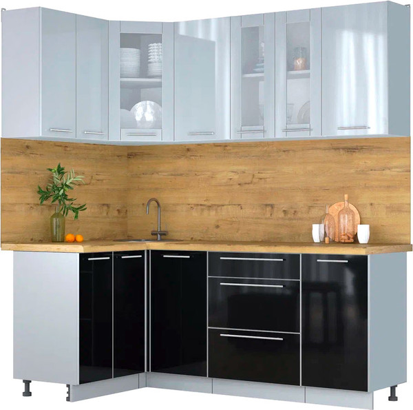 Изображение товара Кухонный гарнитур Интерлиния Мила Пластик 1.2x2.0 (туманный глянец/черный глянец/дуб бунратти)