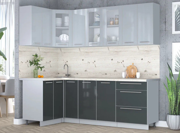 Изображение товара Кухонный гарнитур Интерлиния Мила Пластик 1.2x2.3 (туманный глянец/антрацит/бискайская сосна)