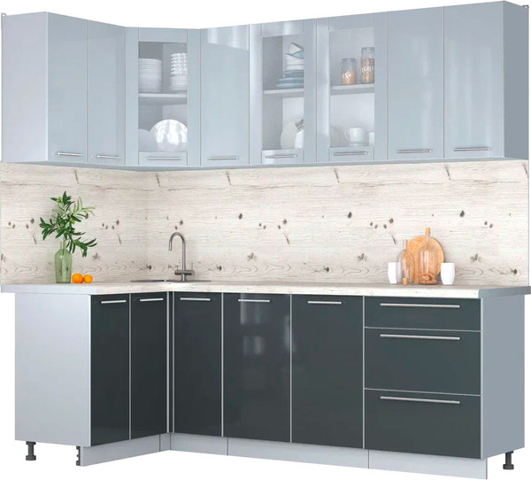 Изображение товара Кухонный гарнитур Интерлиния Мила Пластик 1.2x2.3 (туманный глянец/антрацит/бискайская сосна)