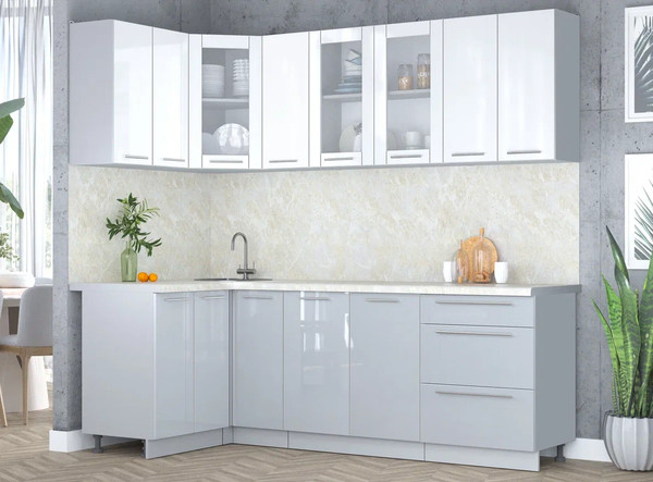 Изображение товара Кухонный гарнитур Интерлиния Мила Пластик 1.2x2.3 (белый глянец/туманный глянец/опал светлый)