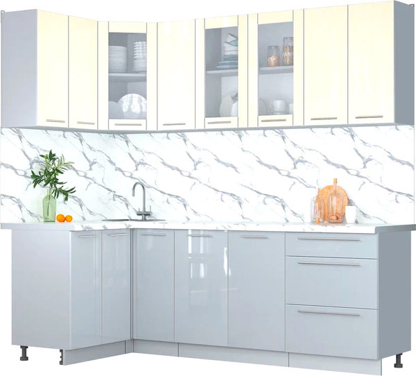 Изображение товара Кухонный гарнитур Интерлиния Мила Пластик 1.2x2.3 (ваниль/туманный глянец/белый гранит)