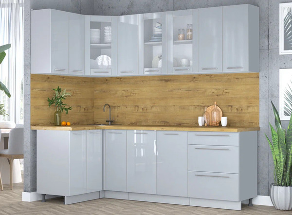 Изображение товара Кухонный гарнитур Интерлиния Мила Пластик 1.2x2.3 (туманный глянец/туманный глянец/дуб бунратти)