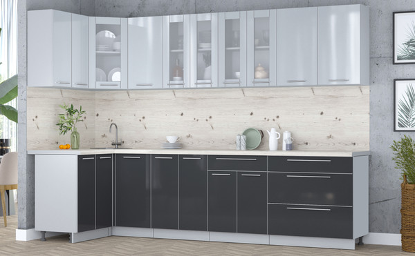 Изображение товара Кухонный гарнитур Интерлиния Мила Пластик 1.2x3.0 (туманный глянец/антрацит/бискайская сосна)