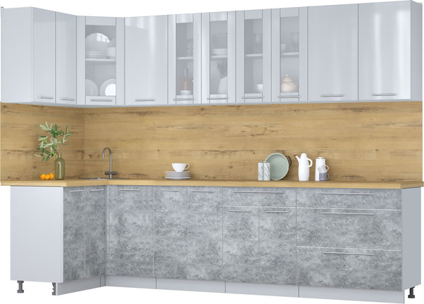 Изображение товара Кухонный гарнитур Интерлиния Мила Пластик 1.2x3.0 (туманный глянец/мрамор/дуб бунратти)