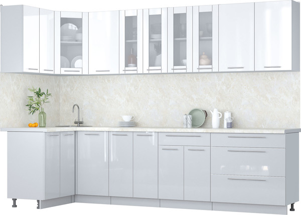 Изображение товара Кухонный гарнитур Интерлиния Мила Пластик 1.2x3.0 (белый глянец/туманный глянец/опал светлый)