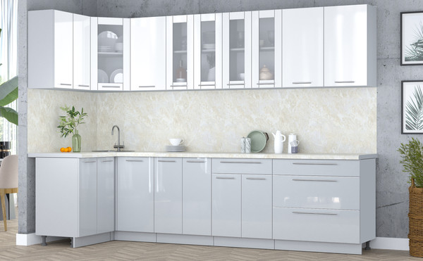 Изображение товара Кухонный гарнитур Интерлиния Мила Пластик 1.2x3.0 (белый глянец/туманный глянец/опал светлый)