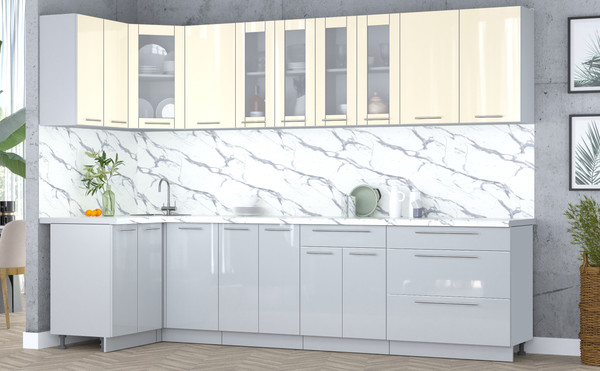 Изображение товара Кухонный гарнитур Интерлиния Мила Пластик 1.2x3.0 (ваниль глянец/туманный глянец/белый гранит)