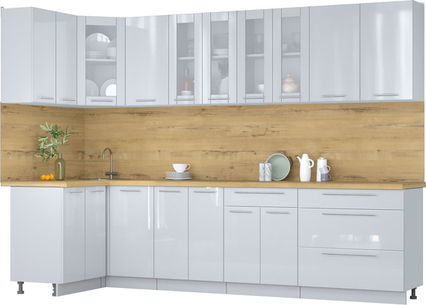 Изображение товара Кухонный гарнитур Интерлиния Мила Пластик 1.2x3.0 (туманный глянец/туманный глянец/дуб бунратти)