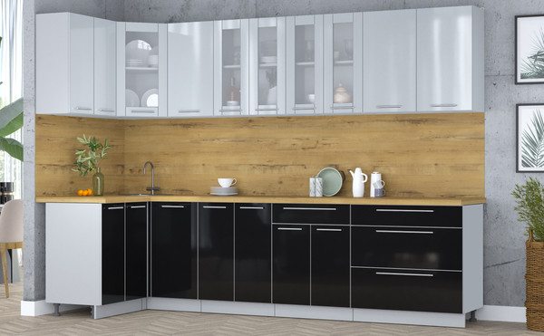 Изображение товара Кухонный гарнитур Интерлиния Мила Пластик 1.2x3.0 (туманный глянец/черный глянец/дуб бунратти)