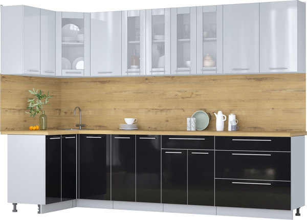 Изображение товара Кухонный гарнитур Интерлиния Мила Пластик 1.2x3.0 (туманный глянец/черный глянец/дуб бунратти)