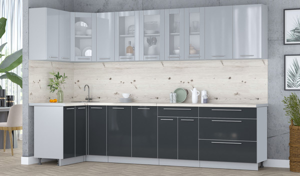 Изображение товара Кухонный гарнитур Интерлиния Мила Пластик 1.2x3.1 (туманный глянец/антрацит/бискайская сосна)