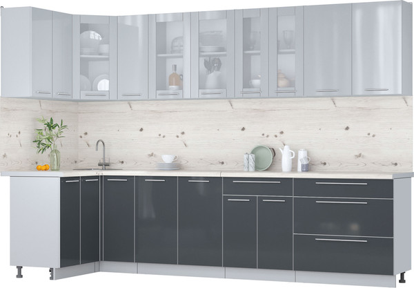 Изображение товара Кухонный гарнитур Интерлиния Мила Пластик 1.2x3.1 (туманный глянец/антрацит/бискайская сосна)