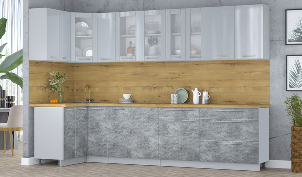 Изображение товара Кухонный гарнитур Интерлиния Мила Пластик 1.2x3.1 (туманный глянец/мрамор/дуб бунратти)