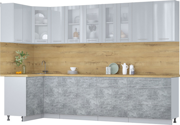 Изображение товара Кухонный гарнитур Интерлиния Мила Пластик 1.2x3.1 (туманный глянец/мрамор/дуб бунратти)