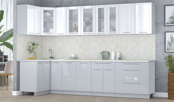 Изображение товара Кухонный гарнитур Интерлиния Мила Пластик 1.2x3.1 (белый глянец/туманный глянец/опал светлый)