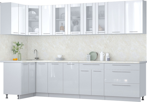 Изображение товара Кухонный гарнитур Интерлиния Мила Пластик 1.2x3.1 (белый глянец/туманный глянец/опал светлый)