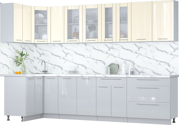 Изображение товара Кухонный гарнитур Интерлиния Мила Пластик 1.2x3.1 (ваниль глянец/туманный глянец/белый гранит)