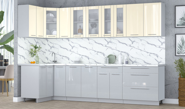 Изображение товара Кухонный гарнитур Интерлиния Мила Пластик 1.2x3.1 (ваниль глянец/туманный глянец/белый гранит)