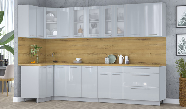 Изображение товара Кухонный гарнитур Интерлиния Мила Пластик 1.2x3.1 (туманный глянец/туманный глянец/дуб бунратти)