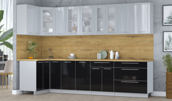 Изображение товара Кухонный гарнитур Интерлиния Мила Пластик 1.2x3.1 (туманный глянец/черный глянец/дуб бунратти)