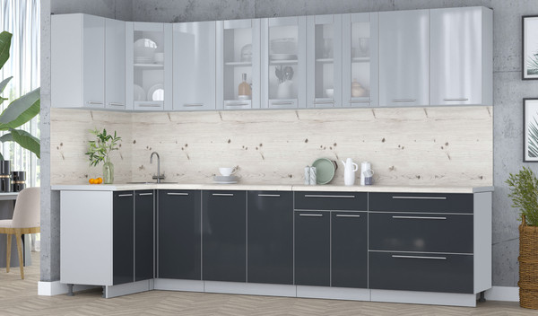 Изображение товара Кухонный гарнитур Интерлиния Мила Пластик 1.2x3.2 (туманный глянец/антрацит/бискайская сосна)