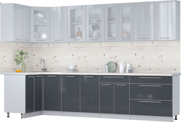 Изображение товара Кухонный гарнитур Интерлиния Мила Пластик 1.2x3.2 (туманный глянец/антрацит/бискайская сосна)