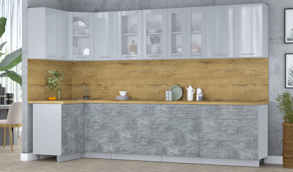 Изображение товара Кухонный гарнитур Интерлиния Мила Пластик 1.2x3.2 (туманный глянец/мрамор/дуб бунратти)