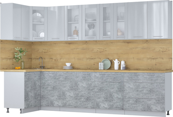 Изображение товара Кухонный гарнитур Интерлиния Мила Пластик 1.2x3.2 (туманный глянец/мрамор/дуб бунратти)