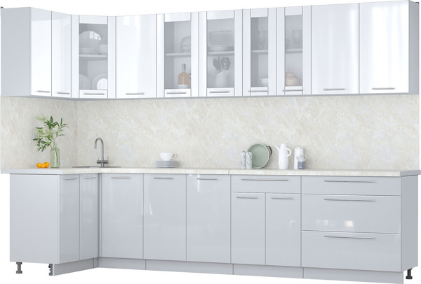 Изображение товара Кухонный гарнитур Интерлиния Мила Пластик 1.2x3.2 (белый глянец/туманный глянец/опал светлый)