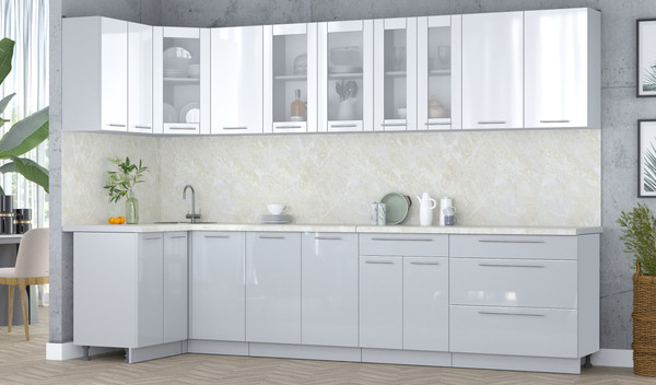 Изображение товара Кухонный гарнитур Интерлиния Мила Пластик 1.2x3.2 (белый глянец/туманный глянец/опал светлый)