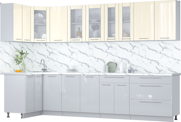 Изображение товара Кухонный гарнитур Интерлиния Мила Пластик 1.2x3.2 (ваниль глянец/туманный глянец/белый гранит)