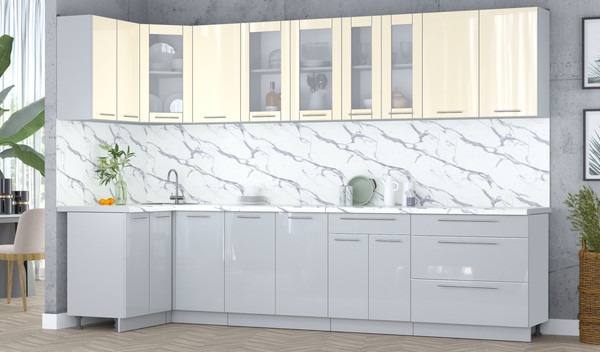 Изображение товара Кухонный гарнитур Интерлиния Мила Пластик 1.2x3.2 (ваниль глянец/туманный глянец/белый гранит)