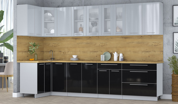 Изображение товара Кухонный гарнитур Интерлиния Мила Пластик 1.2x3.2 (туманный глянец/черный глянец/дуб бунратти)