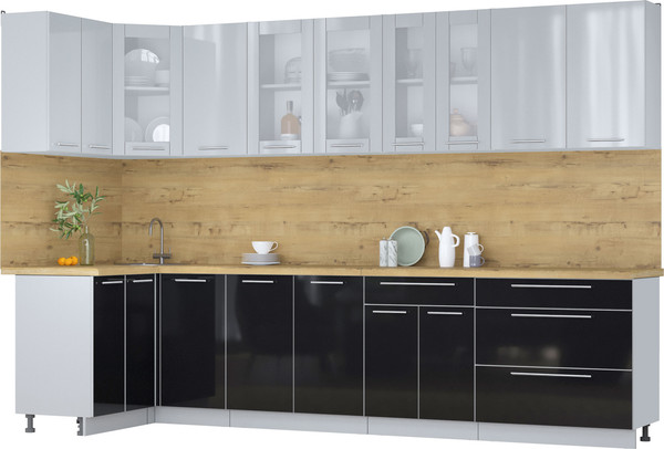 Изображение товара Кухонный гарнитур Интерлиния Мила Пластик 1.2x3.2 (туманный глянец/черный глянец/дуб бунратти)