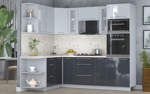 Изображение товара Кухонный гарнитур Интерлиния Мила Пластик 1.68x2.4 LV (туманный глянец/антрацит/бискайская сосна)