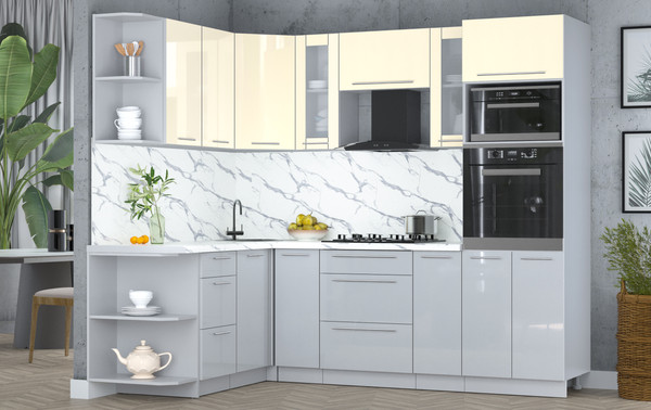 Изображение товара Кухонный гарнитур Интерлиния Мила Пластик 1.68x2.4 LV (ваниль глянец/туманный глянец/белый гранит)