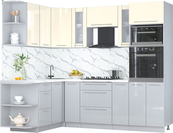 Изображение товара Кухонный гарнитур Интерлиния Мила Пластик 1.68x2.4 LV (ваниль глянец/туманный глянец/белый гранит)
