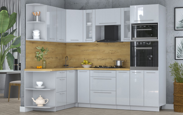 Изображение товара Кухонный гарнитур Интерлиния Мила Пластик 1.68x2.4 LV (туманный глянец/туманный глянец/дуб бунратти)