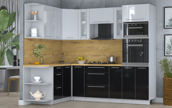 Изображение товара Кухонный гарнитур Интерлиния Мила Пластик 1.68x2.4 LV (туманный глянец/черный глянец/дуб бунратти)