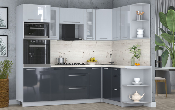 Изображение товара Кухонный гарнитур Интерлиния Мила Пластик 1.68x2.4 PR (туманный глянец/антрацит/бискайская сосна)