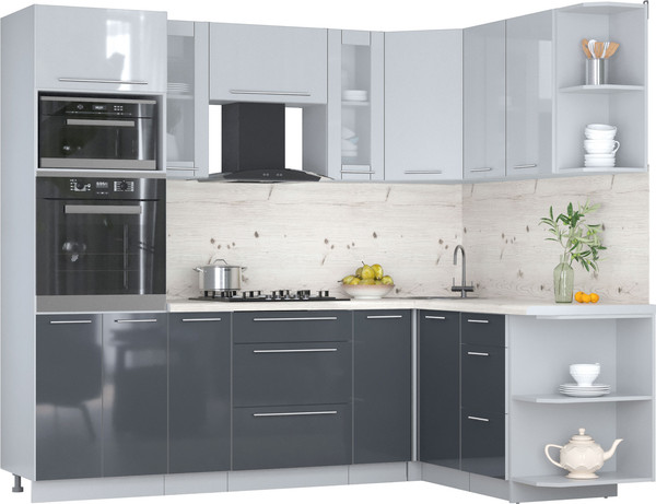 Изображение товара Кухонный гарнитур Интерлиния Мила Пластик 1.68x2.4 PR (туманный глянец/антрацит/бискайская сосна)